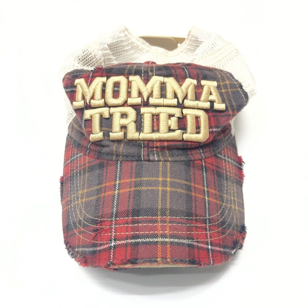 Judith March Trucker Hat Women Red Plaid Momma Tried Distressed Mesh Snapback